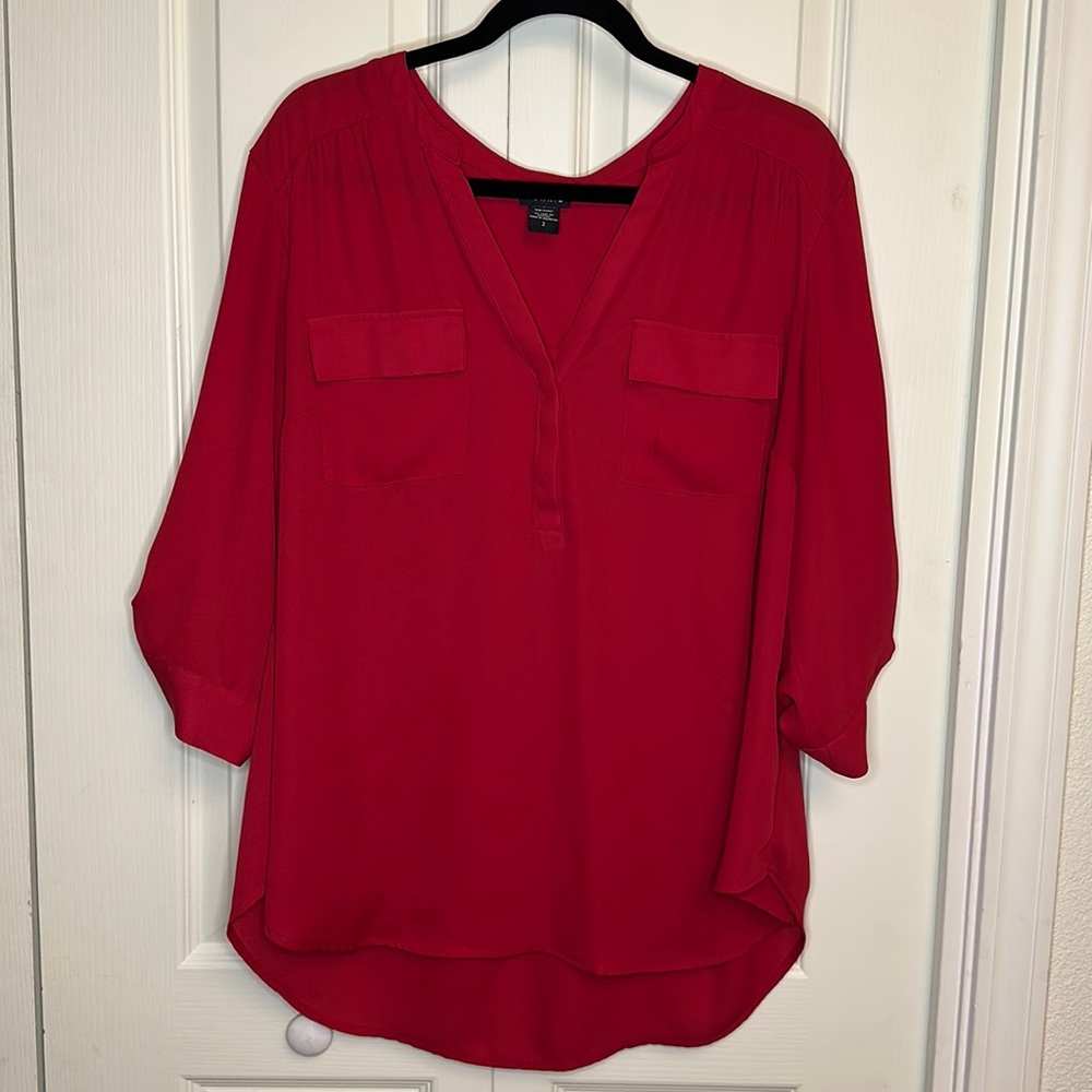 Torrid Red Sheer Red Roll Up Sleeves V-Neck with Front Pockets Size 2X